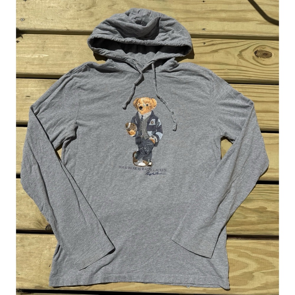 Polo Ralph‎ Lauren Men's Small Polo BEAR Football Grey Hoodie Shirt Long Sleeve